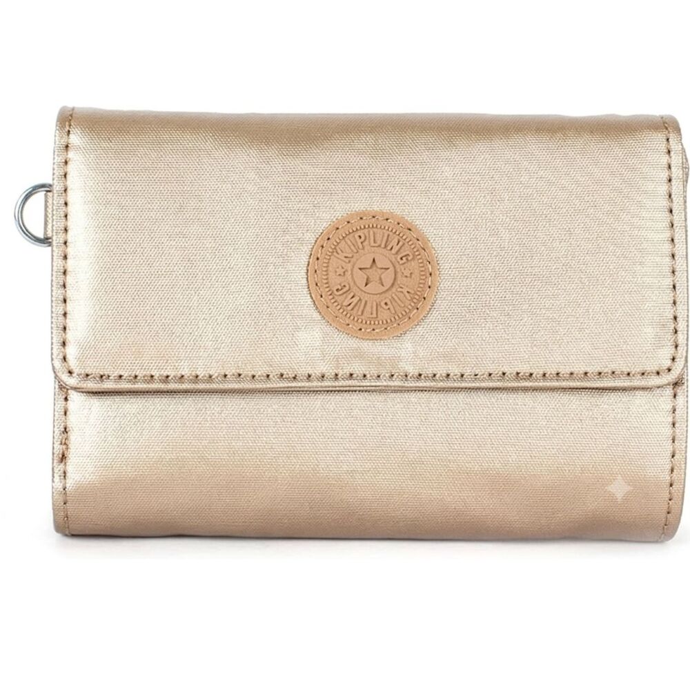 Kipling Metallic Gold Nylon Trifold Wallet Wristlet Organizer Clutch Bag Small